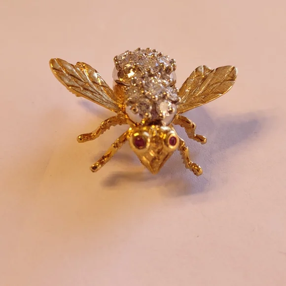 Diamond Bee pin brooch Ruby eyes, 18k yellow gold, Herbert Rosenthal, Natural - Picture 11 of 15